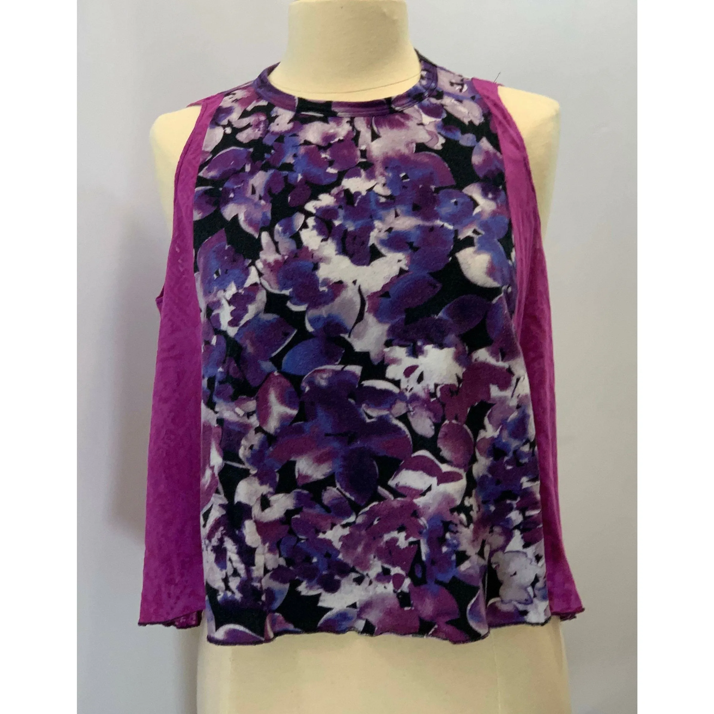 Floral purple sleeveless knit top from repurposed shirt in one size all.