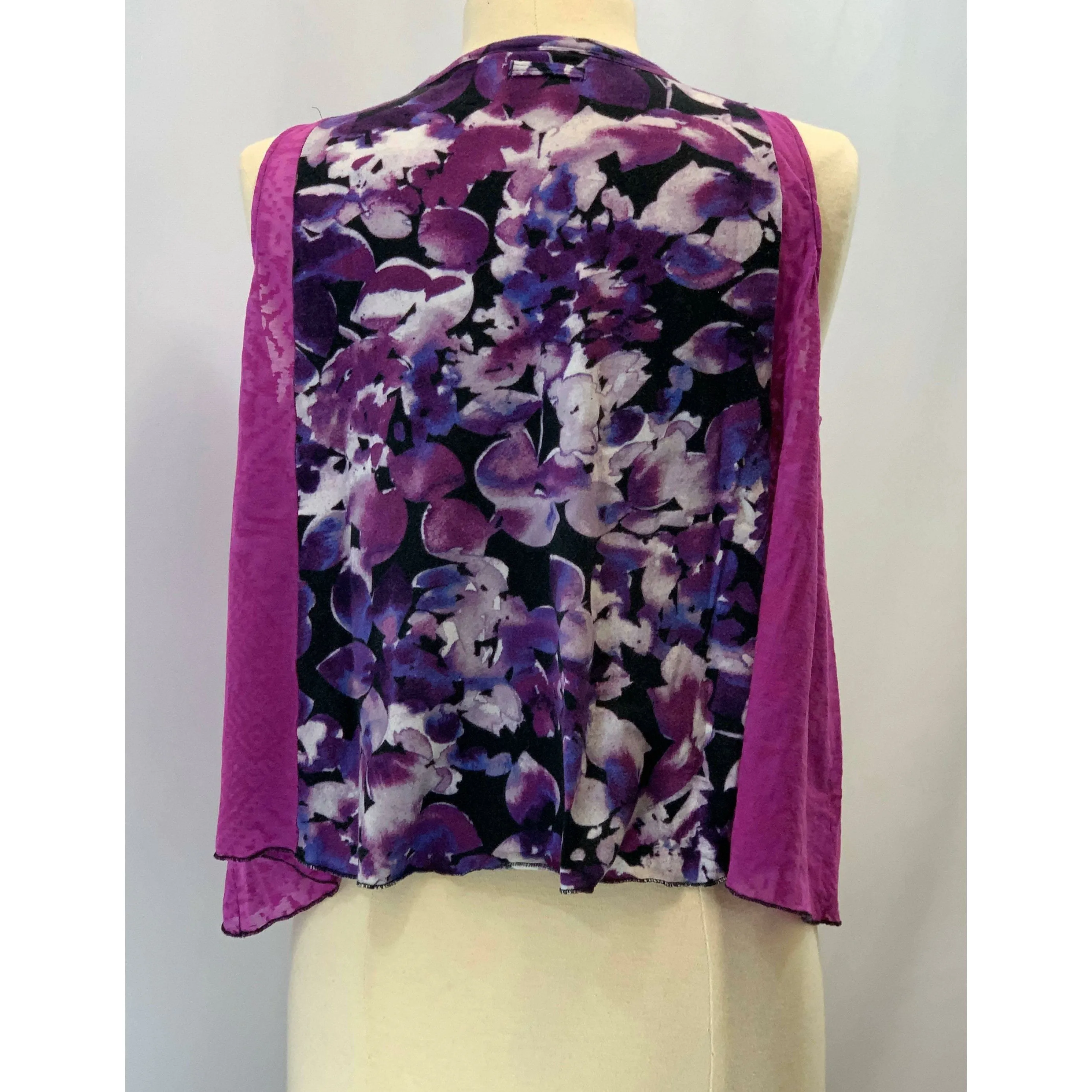 Floral purple sleeveless knit top from repurposed shirt in one size all.