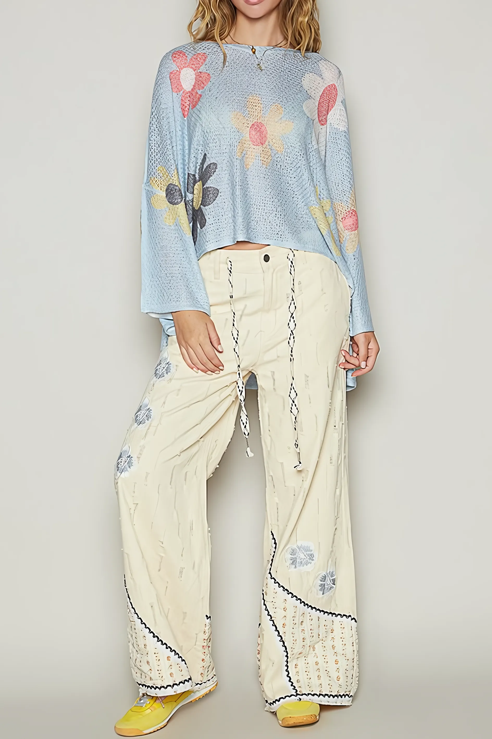 Flower Dropped Shoulder Long Sleeve Knit Top