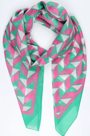 Geometric Print Bordered Cotton Scarf in Green & Pink