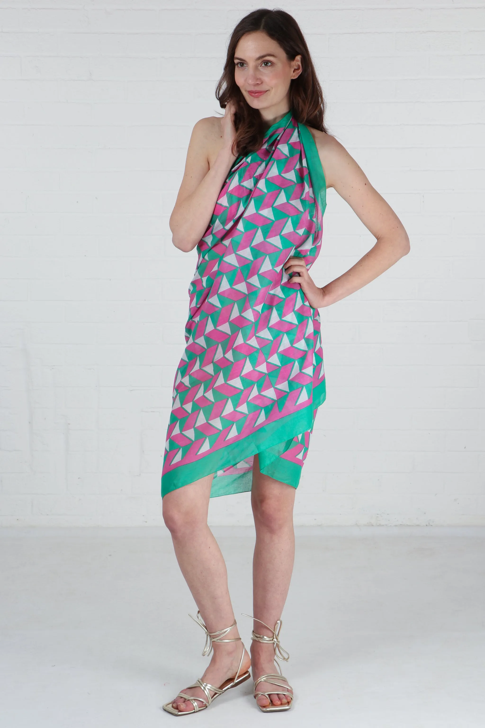 Geometric Print Bordered Cotton Scarf in Green & Pink