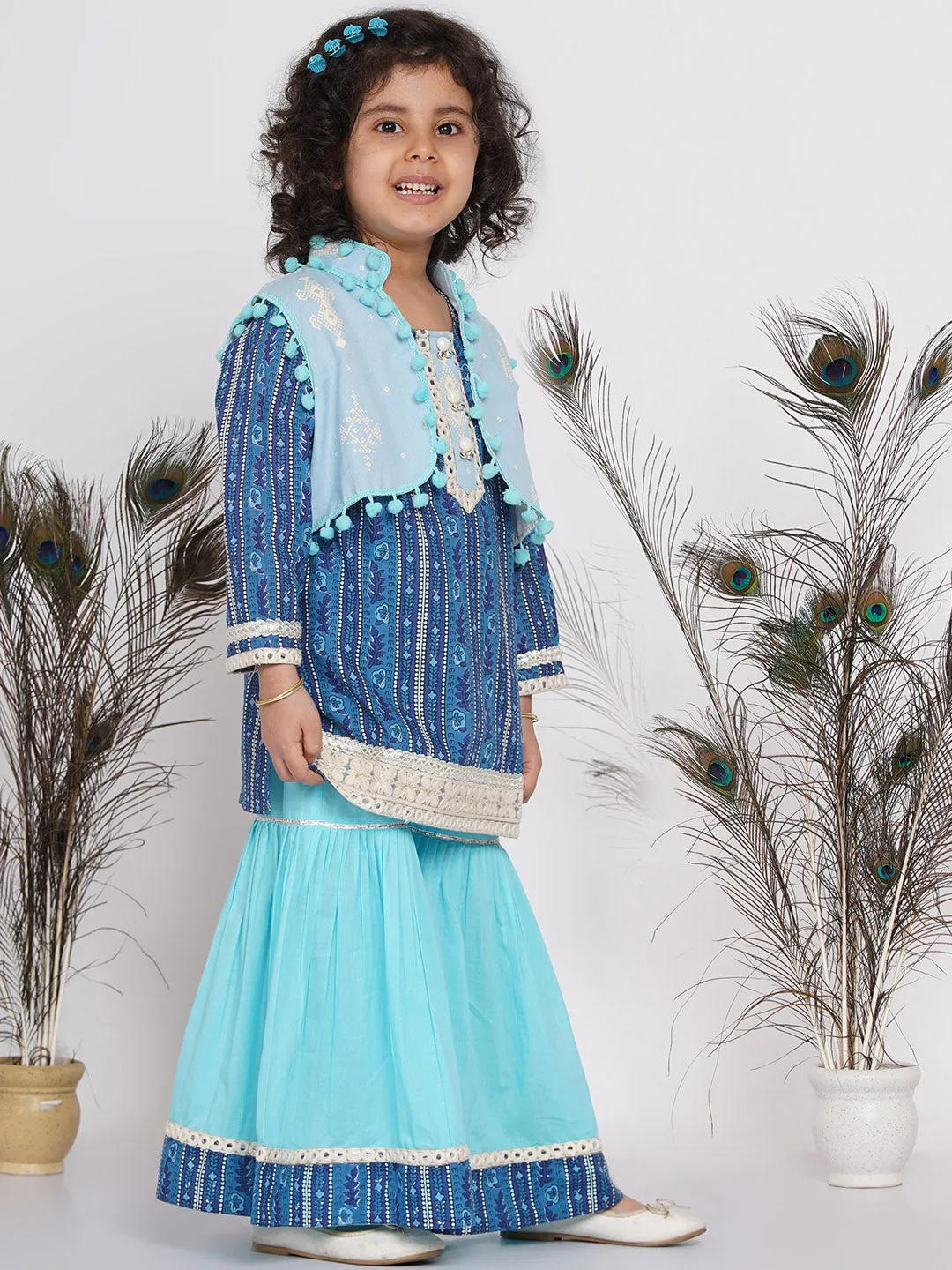 Girl's Indigo Floral Print Kurta With Lace Work And Sharara With Pom Pom Jacket - Indigo Blue And Sky Blue - Little Bansi Girls