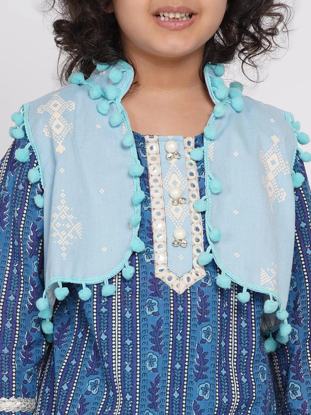 Girl's Indigo Floral Print Kurta With Lace Work And Sharara With Pom Pom Jacket - Indigo Blue And Sky Blue - Little Bansi Girls