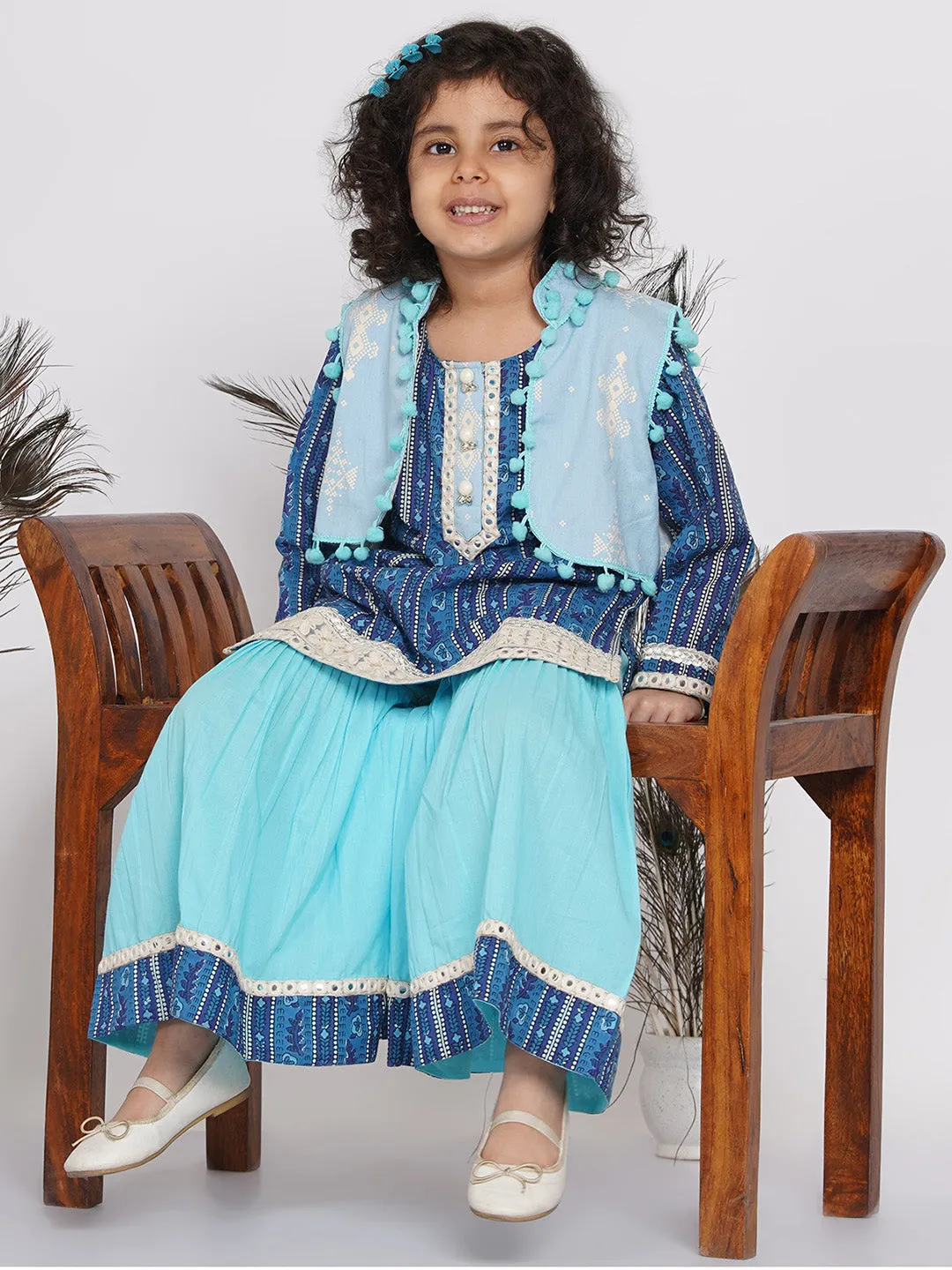Girl's Indigo Floral Print Kurta With Lace Work And Sharara With Pom Pom Jacket - Indigo Blue And Sky Blue - Little Bansi Girls