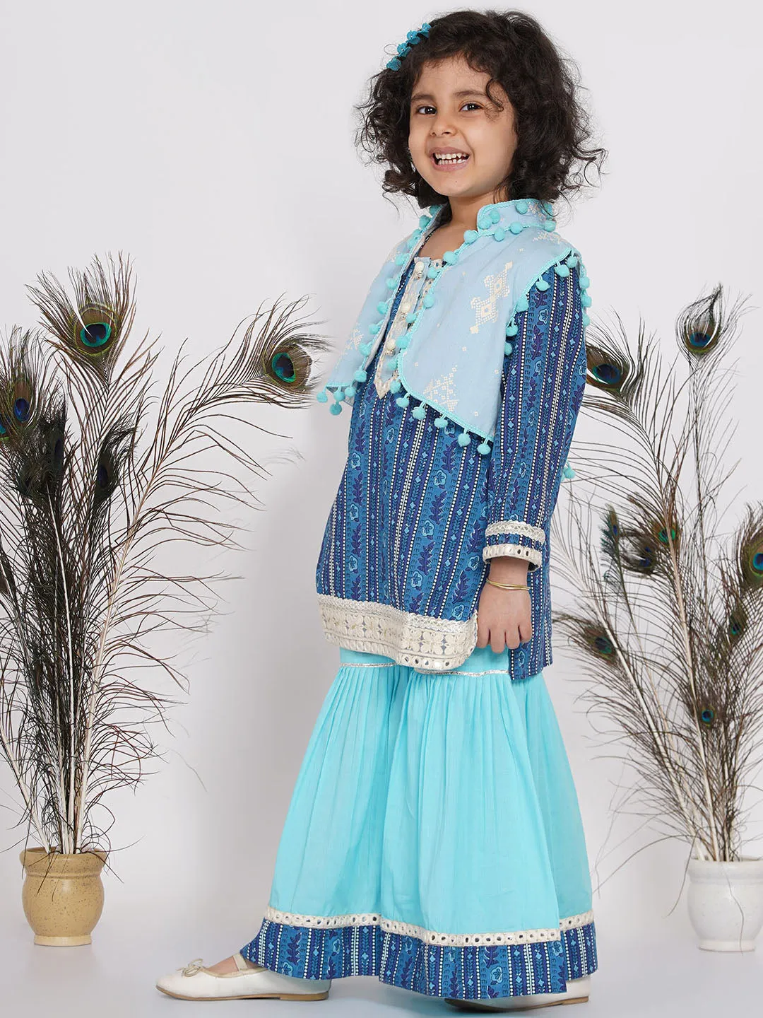 Girl's Indigo Floral Print Kurta With Lace Work And Sharara With Pom Pom Jacket - Indigo Blue And Sky Blue - Little Bansi Girls