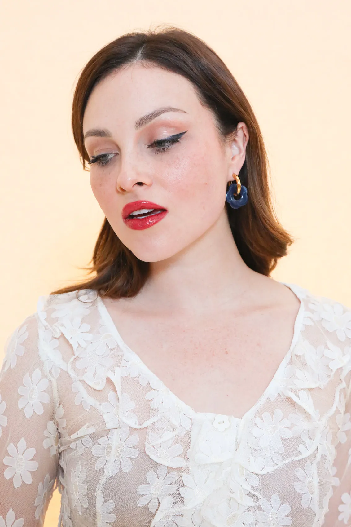 Gold Flower Hoop Earrings in Indigo