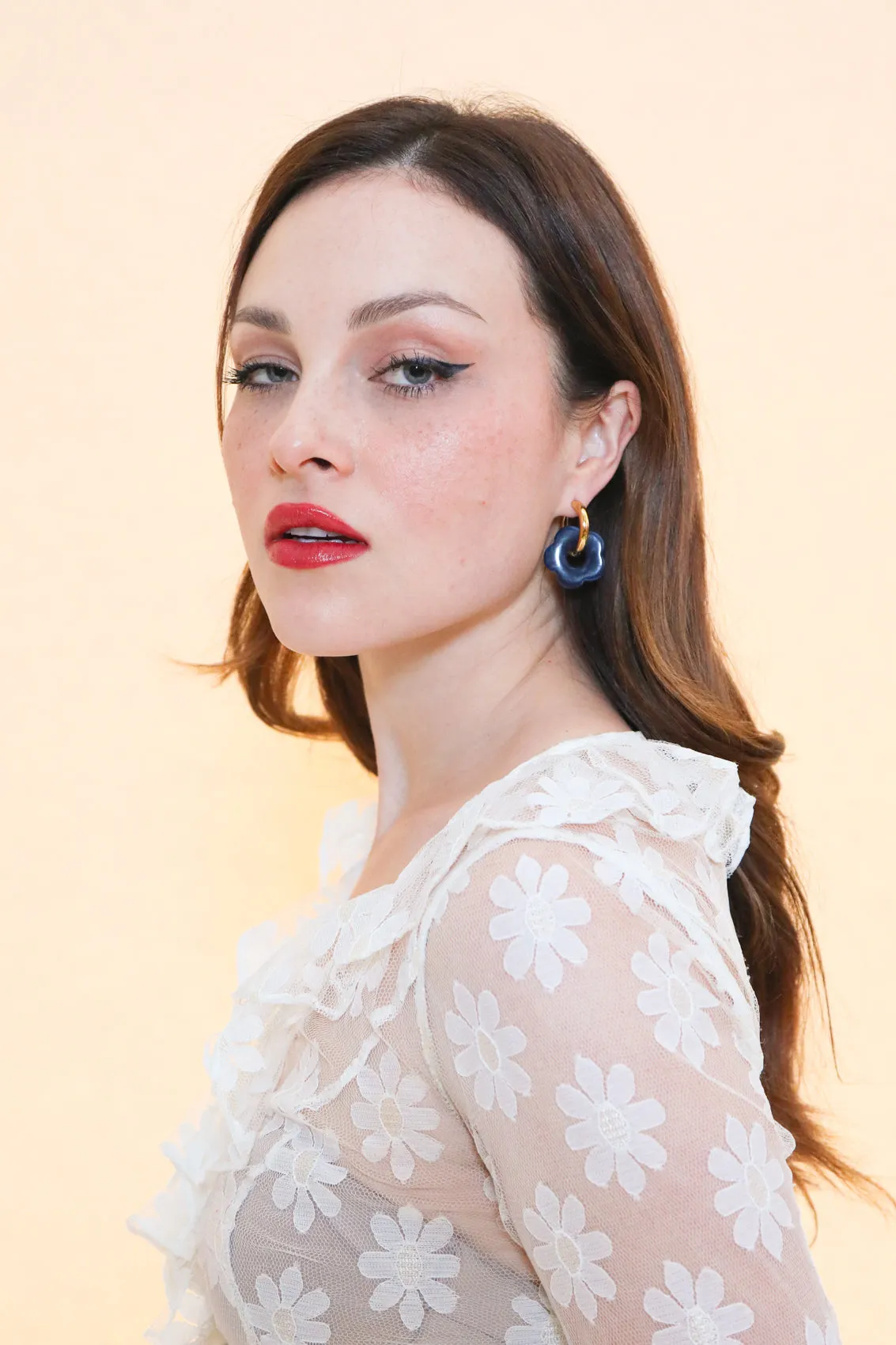 Gold Flower Hoop Earrings in Indigo