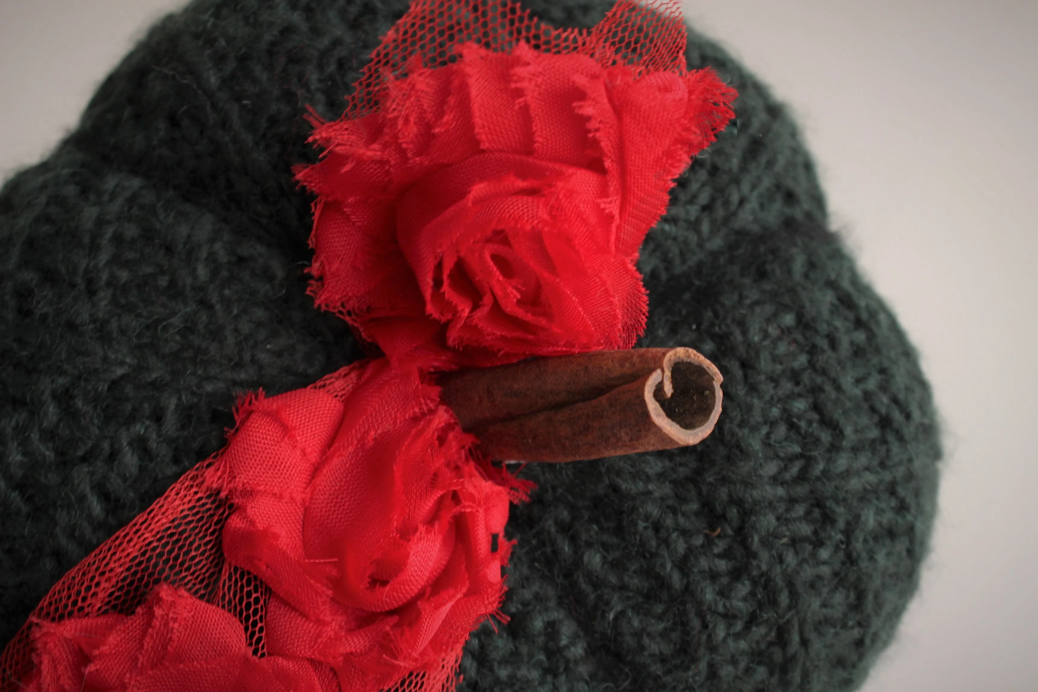 Green and Red Christmas Theme Knit Pumpkin PIllow Pouf, Cinnamon Stick Stem
