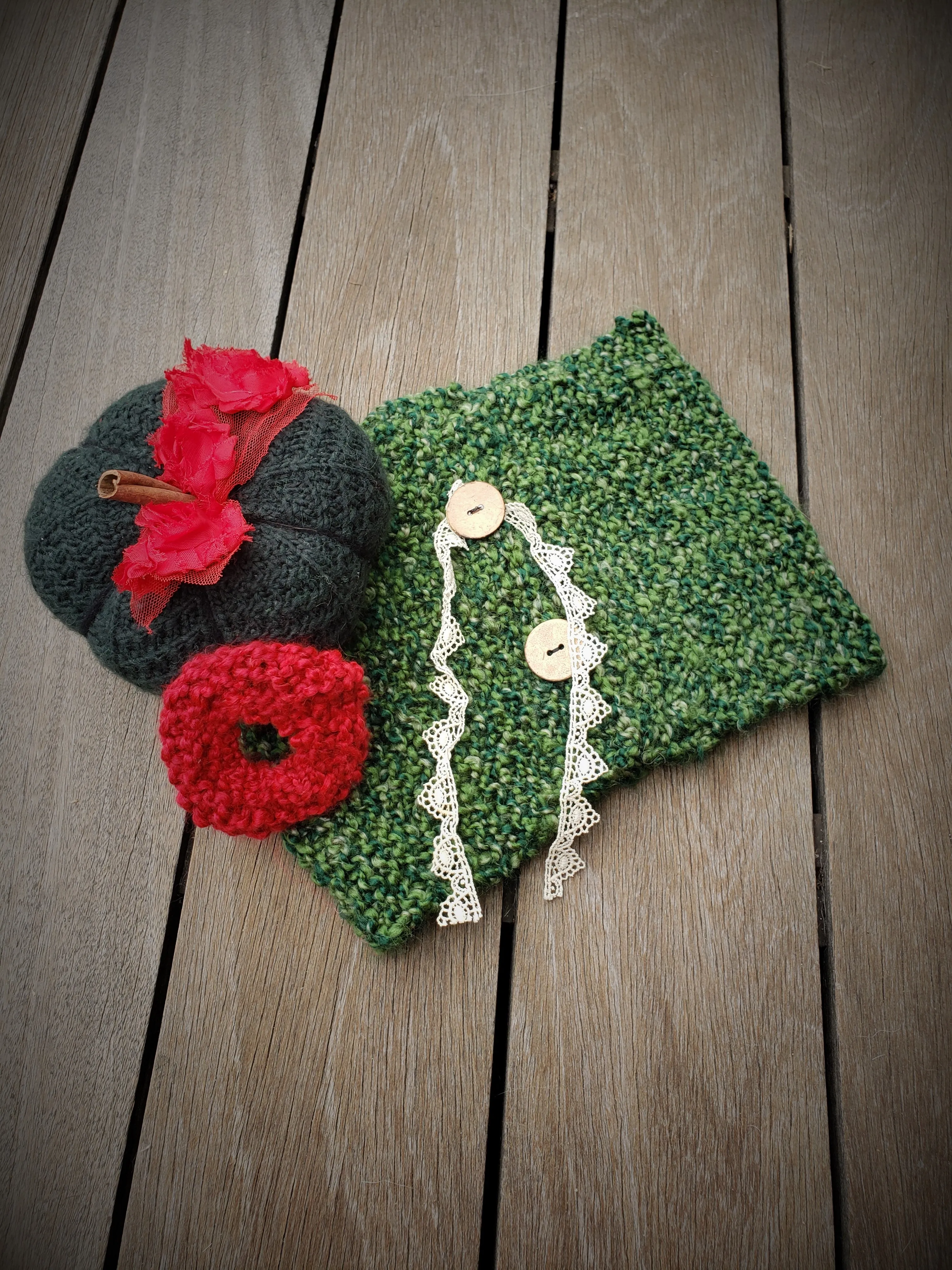 Green and Red Christmas Theme Knit Pumpkin PIllow Pouf, Cinnamon Stick Stem