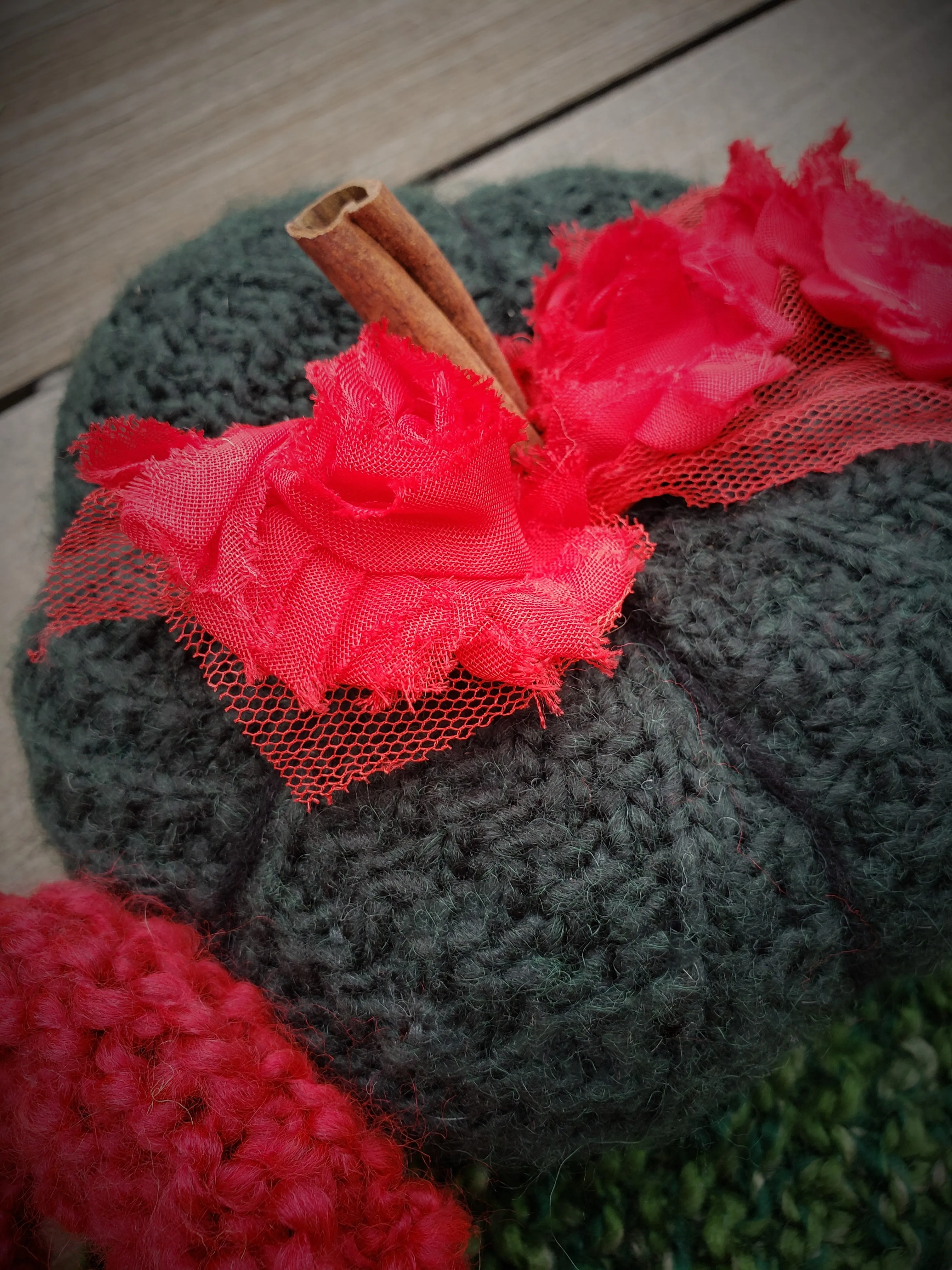 Green and Red Christmas Theme Knit Pumpkin PIllow Pouf, Cinnamon Stick Stem