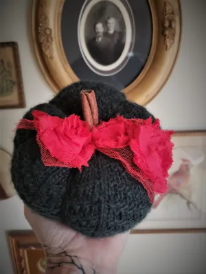 Green and Red Christmas Theme Knit Pumpkin PIllow Pouf, Cinnamon Stick Stem