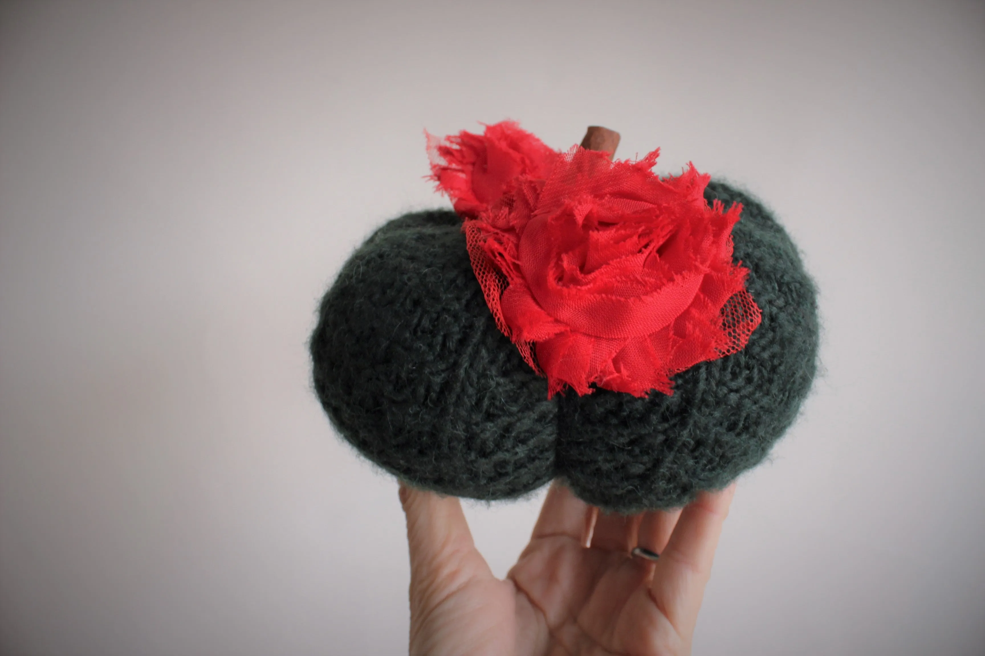 Green and Red Christmas Theme Knit Pumpkin PIllow Pouf, Cinnamon Stick Stem
