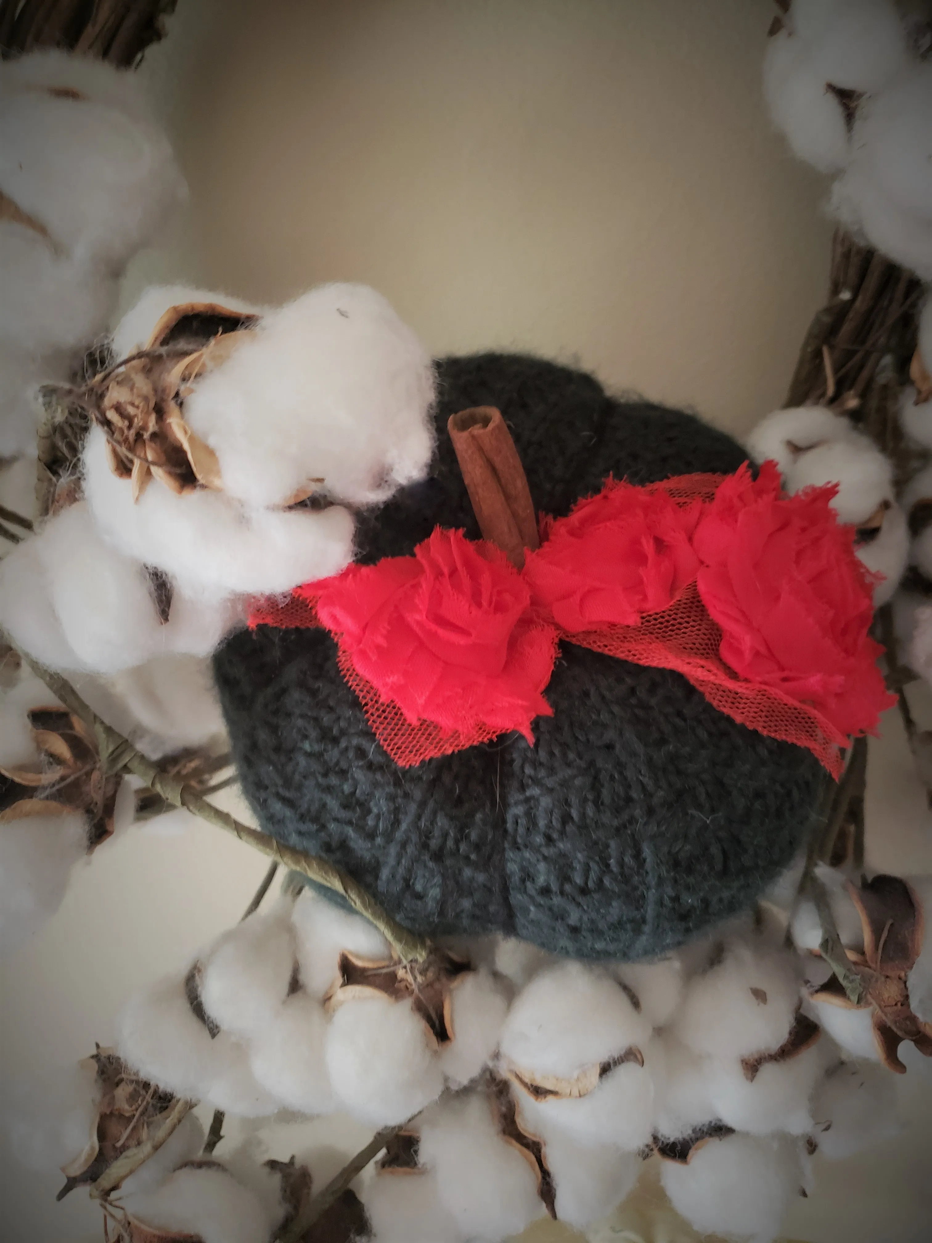 Green and Red Christmas Theme Knit Pumpkin PIllow Pouf, Cinnamon Stick Stem