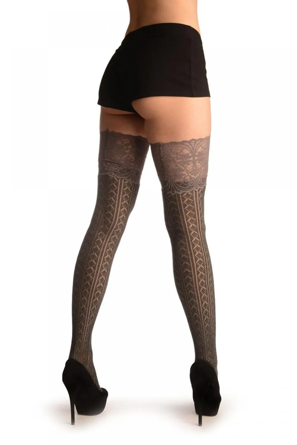 Grey Diamond Crochet Knit With Wide Lace Trim