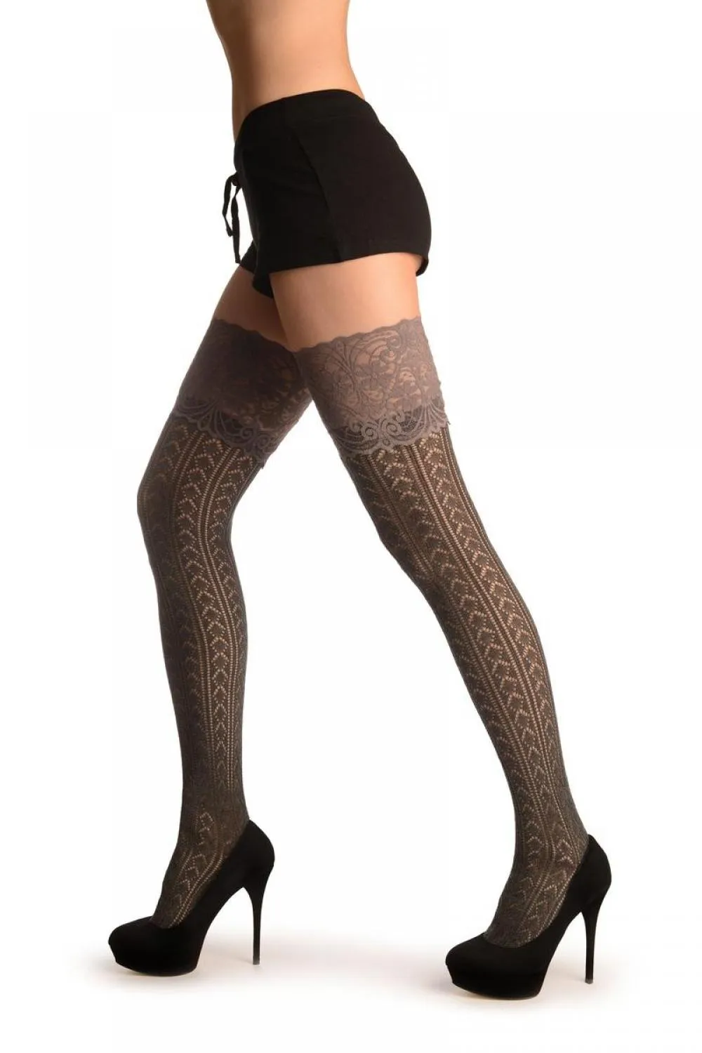 Grey Diamond Crochet Knit With Wide Lace Trim