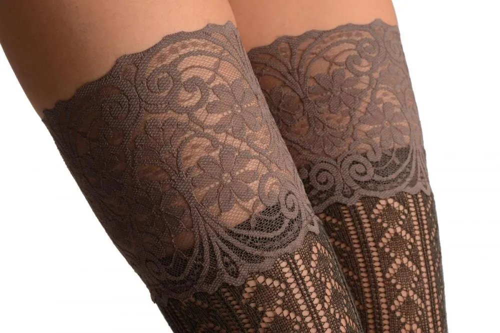 Grey Diamond Crochet Knit With Wide Lace Trim
