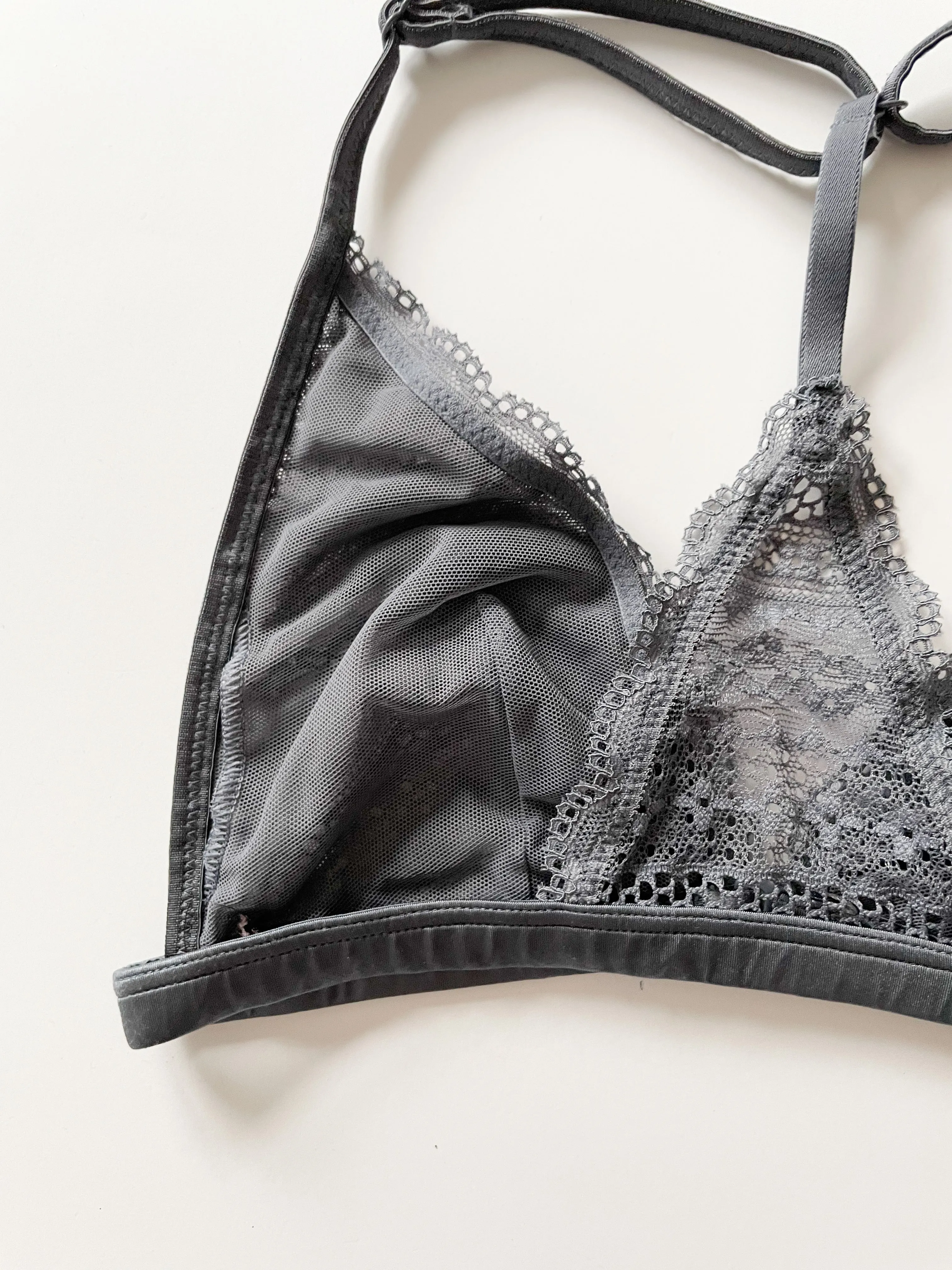 Grey Lace Racer Back Front Closure Unlined Bralette - XS