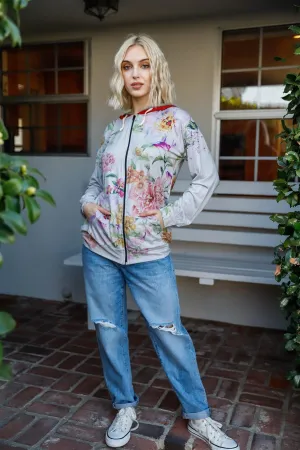 Grey Pink Flower Print Double Hoodie Sweatshirt