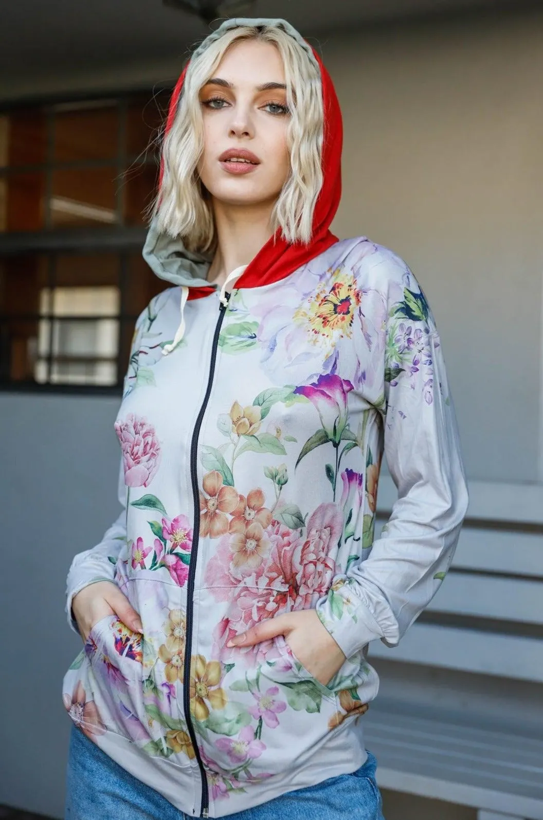 Grey Pink Flower Print Double Hoodie Sweatshirt