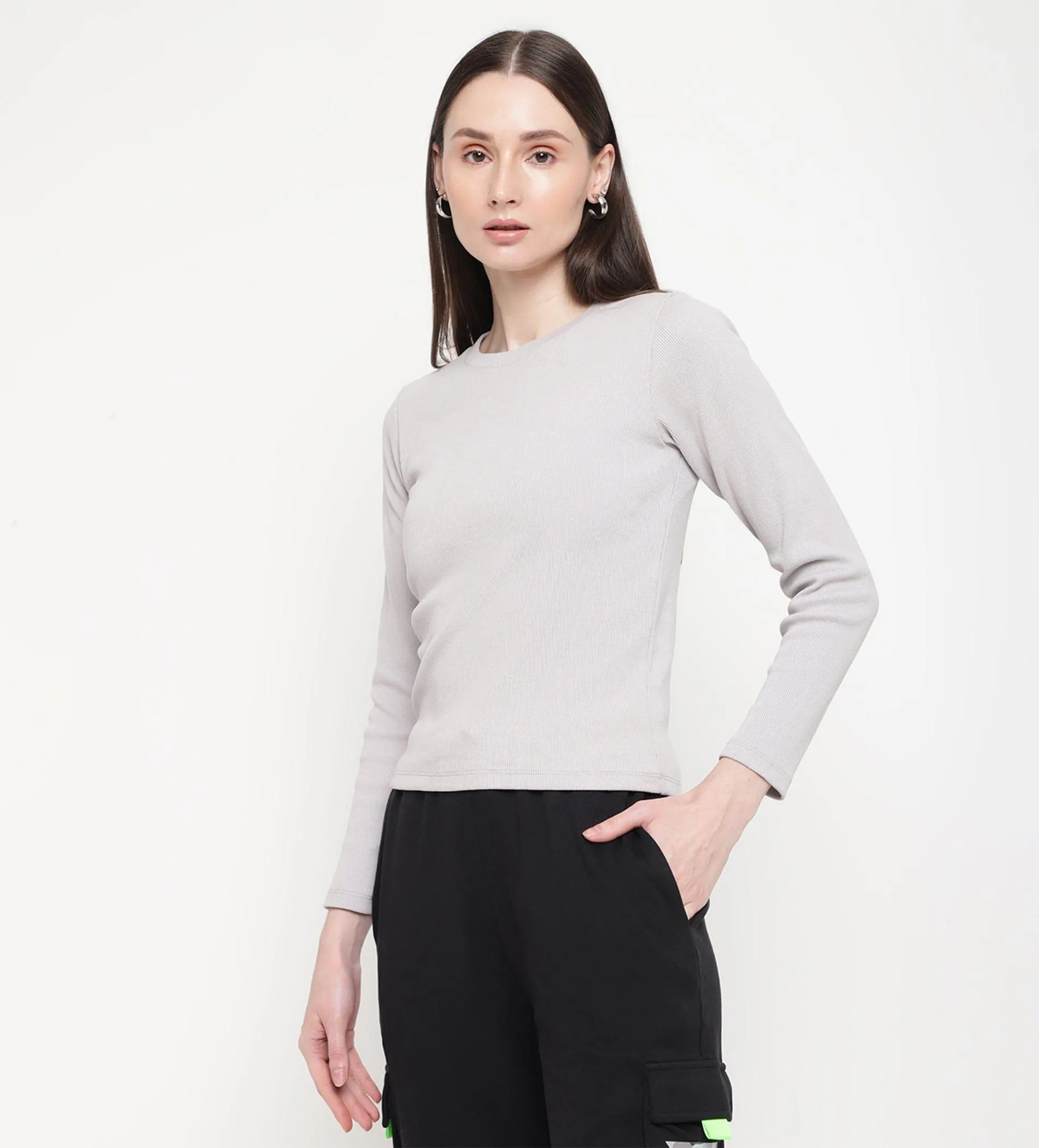 Grey Rib Knit Top for Women