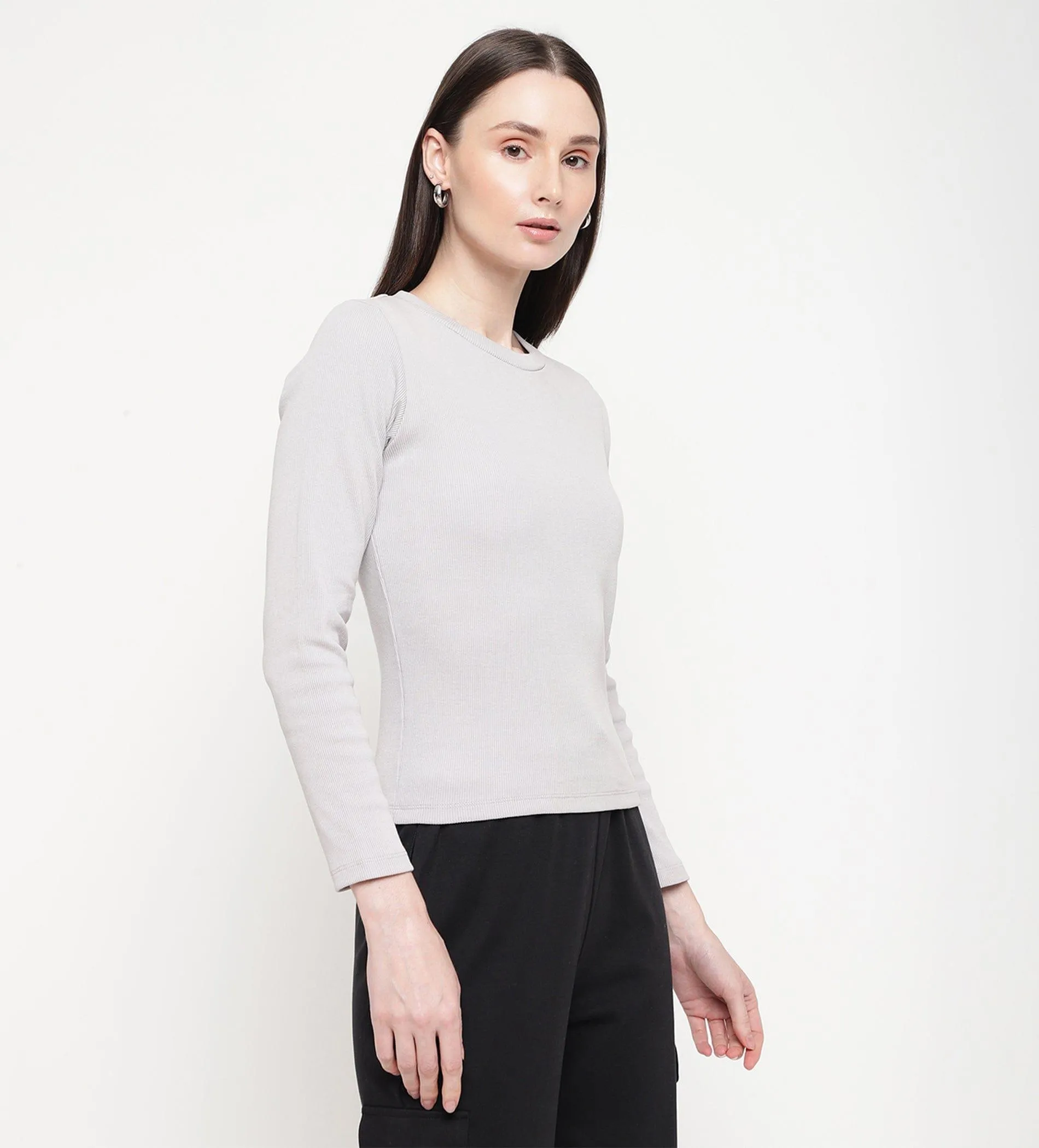 Grey Rib Knit Top for Women