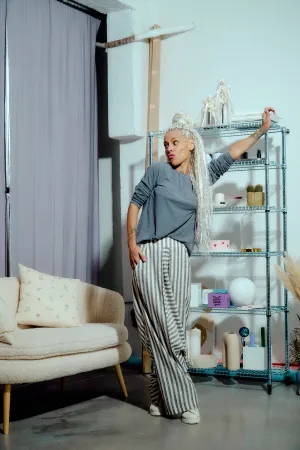 Grey Striped Linen-Blend Harem Pants