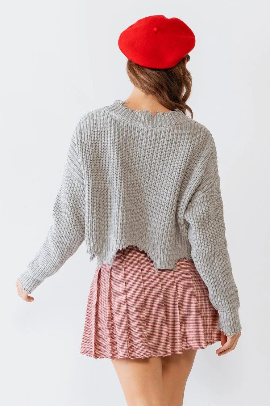 Grey Torn Edge Long Sleeve Crop Knit Top /3-2-1
