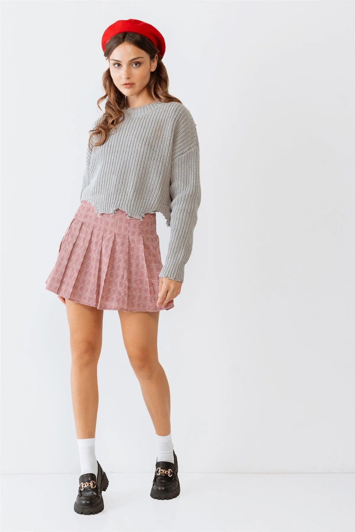 Grey Torn Edge Long Sleeve Crop Knit Top /3-2-1