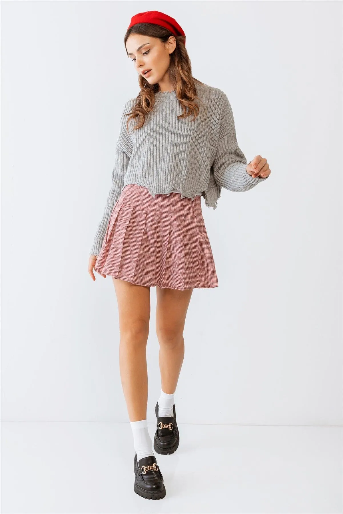 Grey Torn Edge Long Sleeve Crop Knit Top /3-2-1