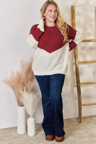 Hailey & Co Full Size Color Block Dropped Shoulder Knit Top Sweater