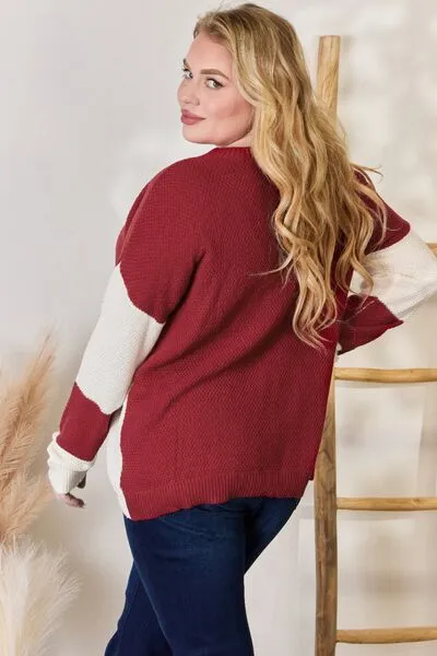 Hailey & Co Full Size Color Block Dropped Shoulder Knit Top Sweater