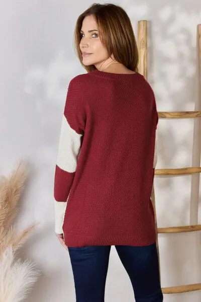 Hailey & Co Full Size Color Block Dropped Shoulder Knit Top Sweater