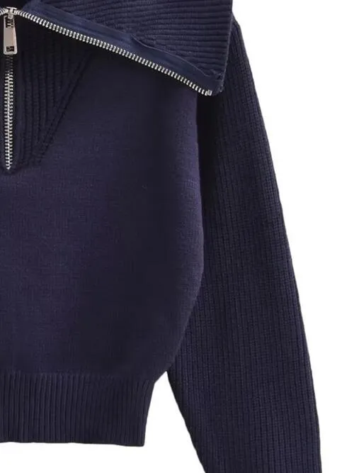 Half Zip Ribbed Collared Neck Knit sweater Top