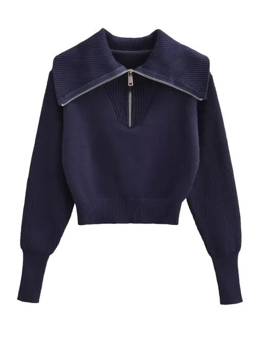 Half Zip Ribbed Collared Neck Knit sweater Top