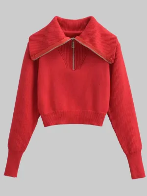 Half Zip Ribbed Collared Neck Knit sweater Top