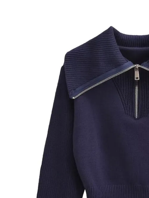 Half Zip Ribbed Collared Neck Knit sweater Top