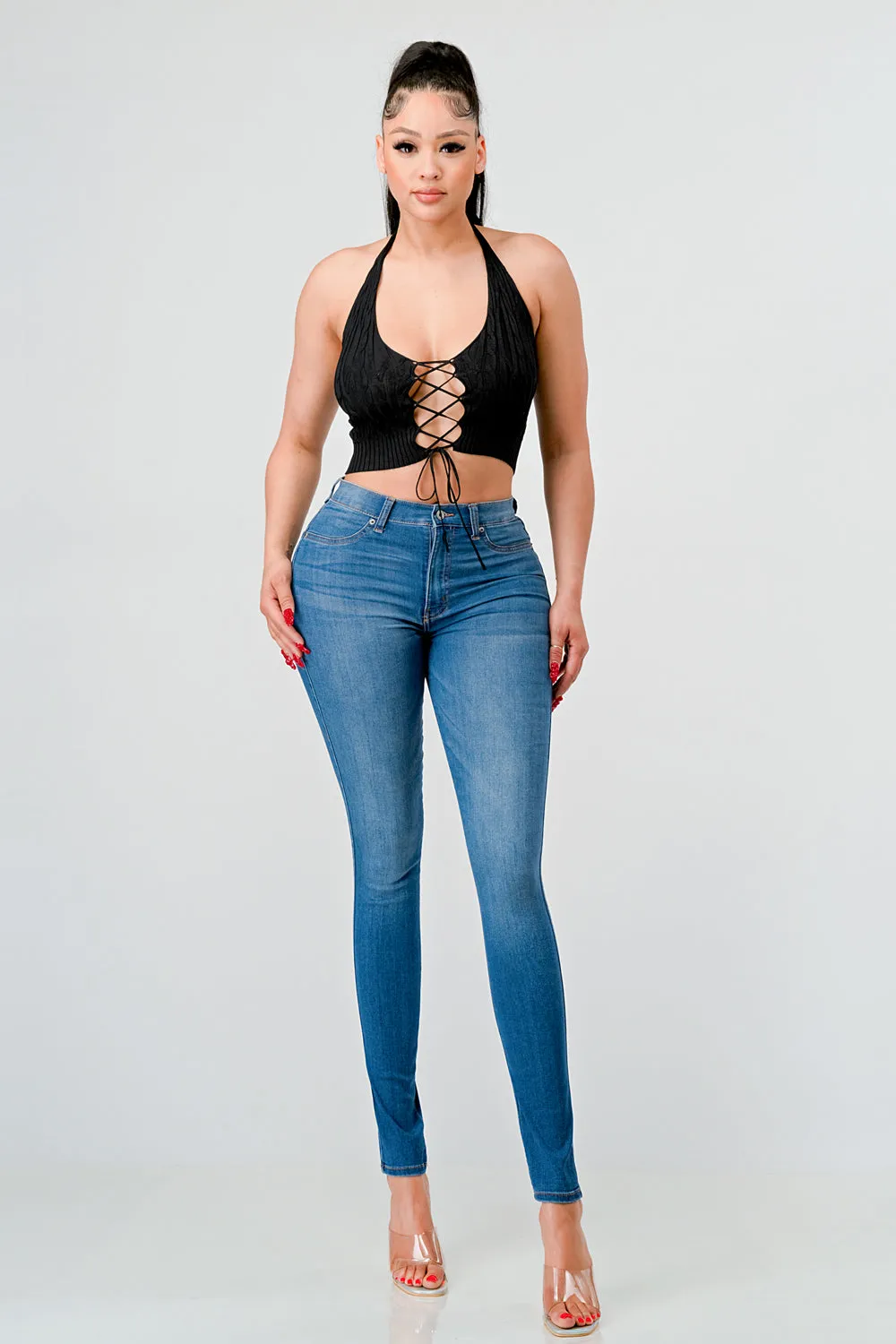 HALTER NECK KNIT SWEATER DRAWSTRING CROPPED TOP