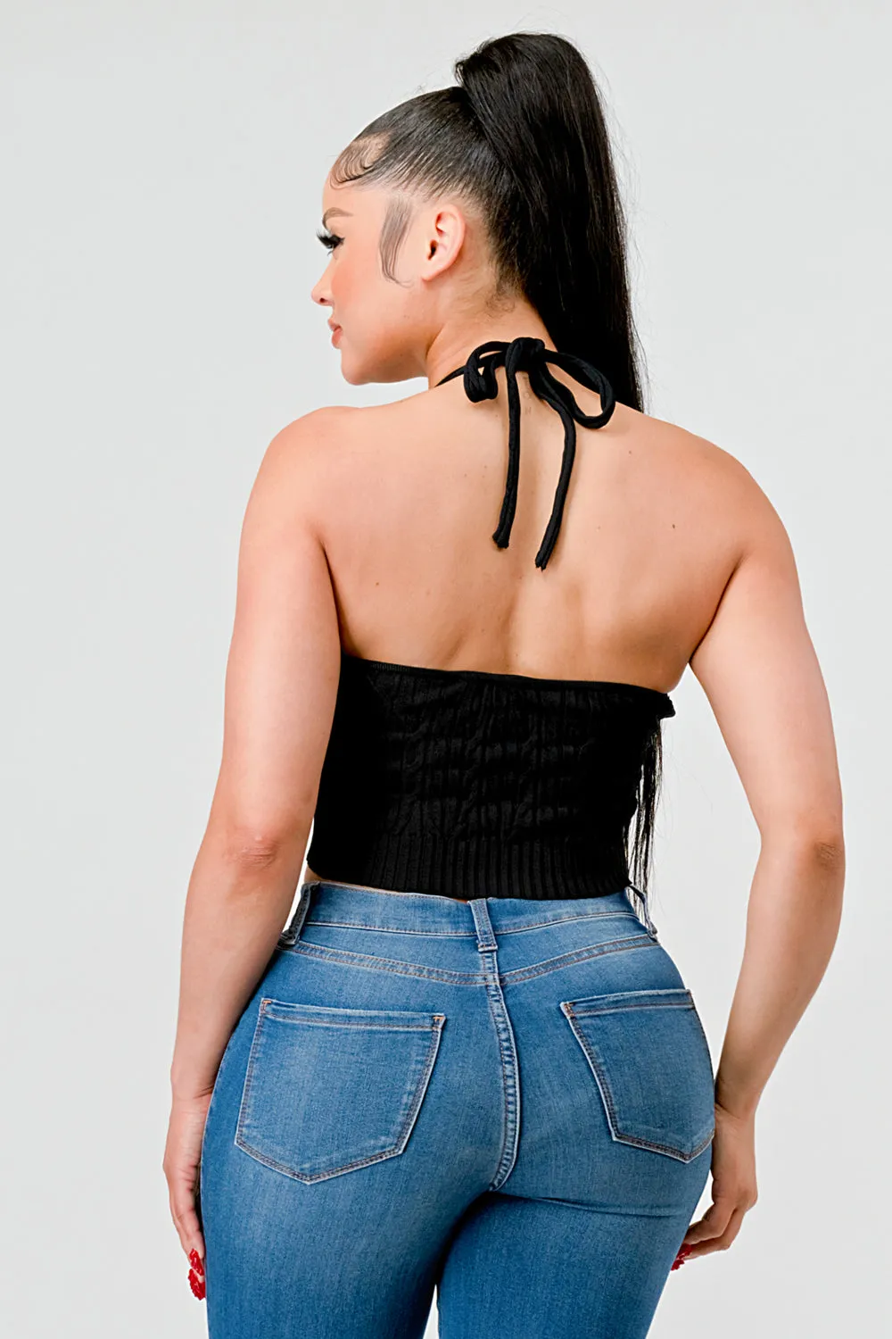 HALTER NECK KNIT SWEATER DRAWSTRING CROPPED TOP