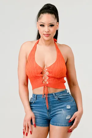 HALTER NECK KNIT SWEATER DRAWSTRING CROPPED TOP