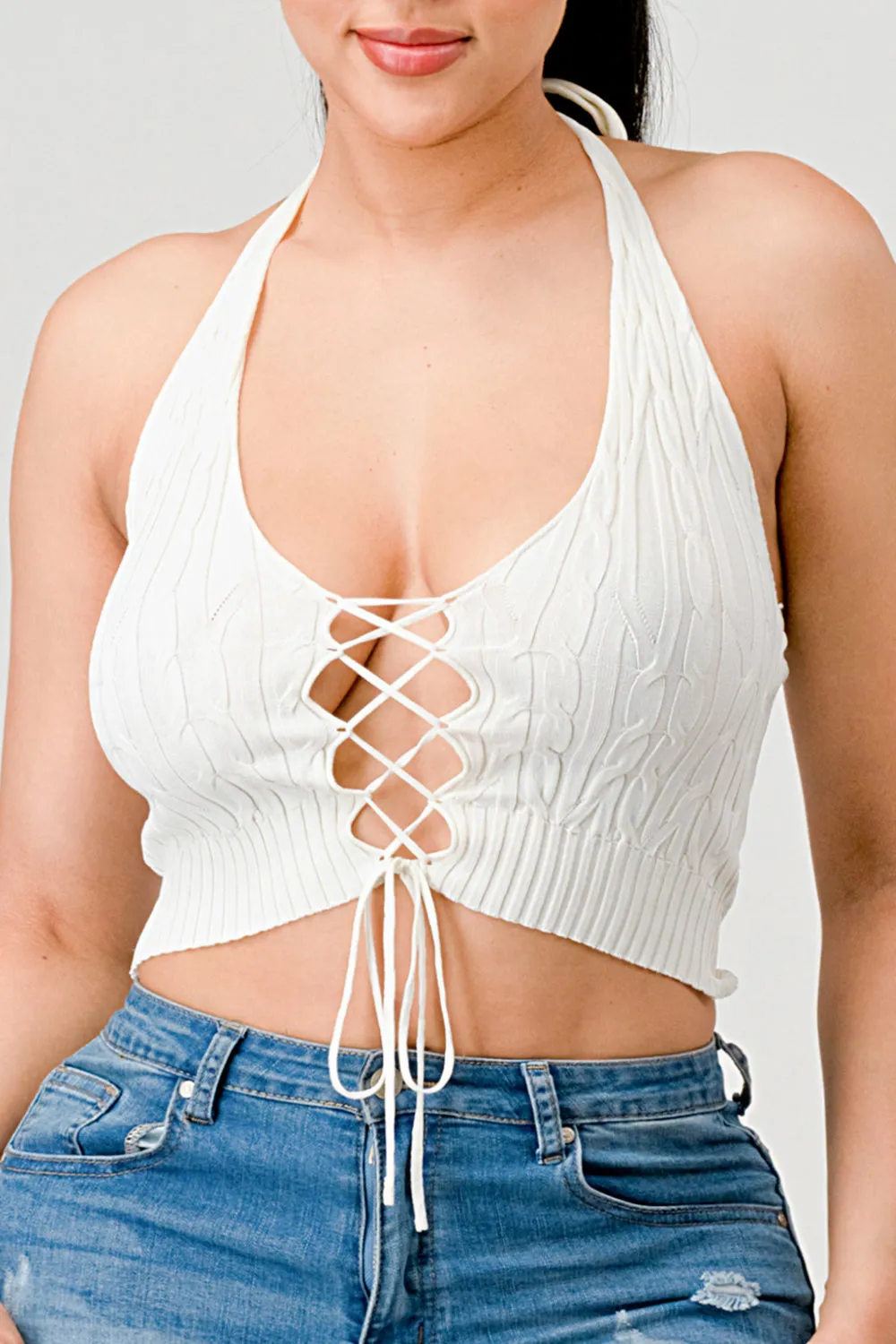 HALTER NECK KNIT SWEATER DRAWSTRING CROPPED TOP
