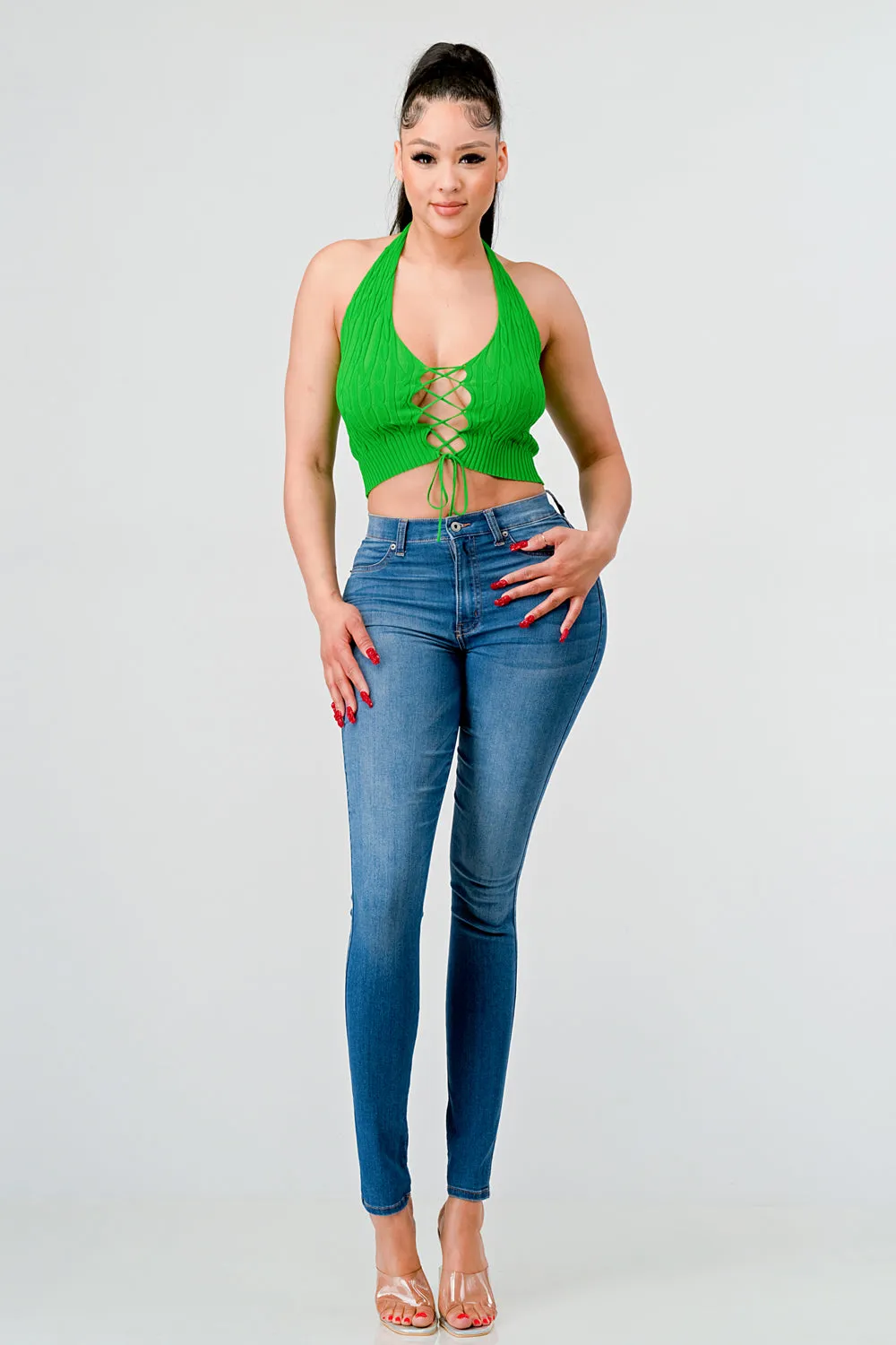HALTER NECK KNIT SWEATER DRAWSTRING CROPPED TOP