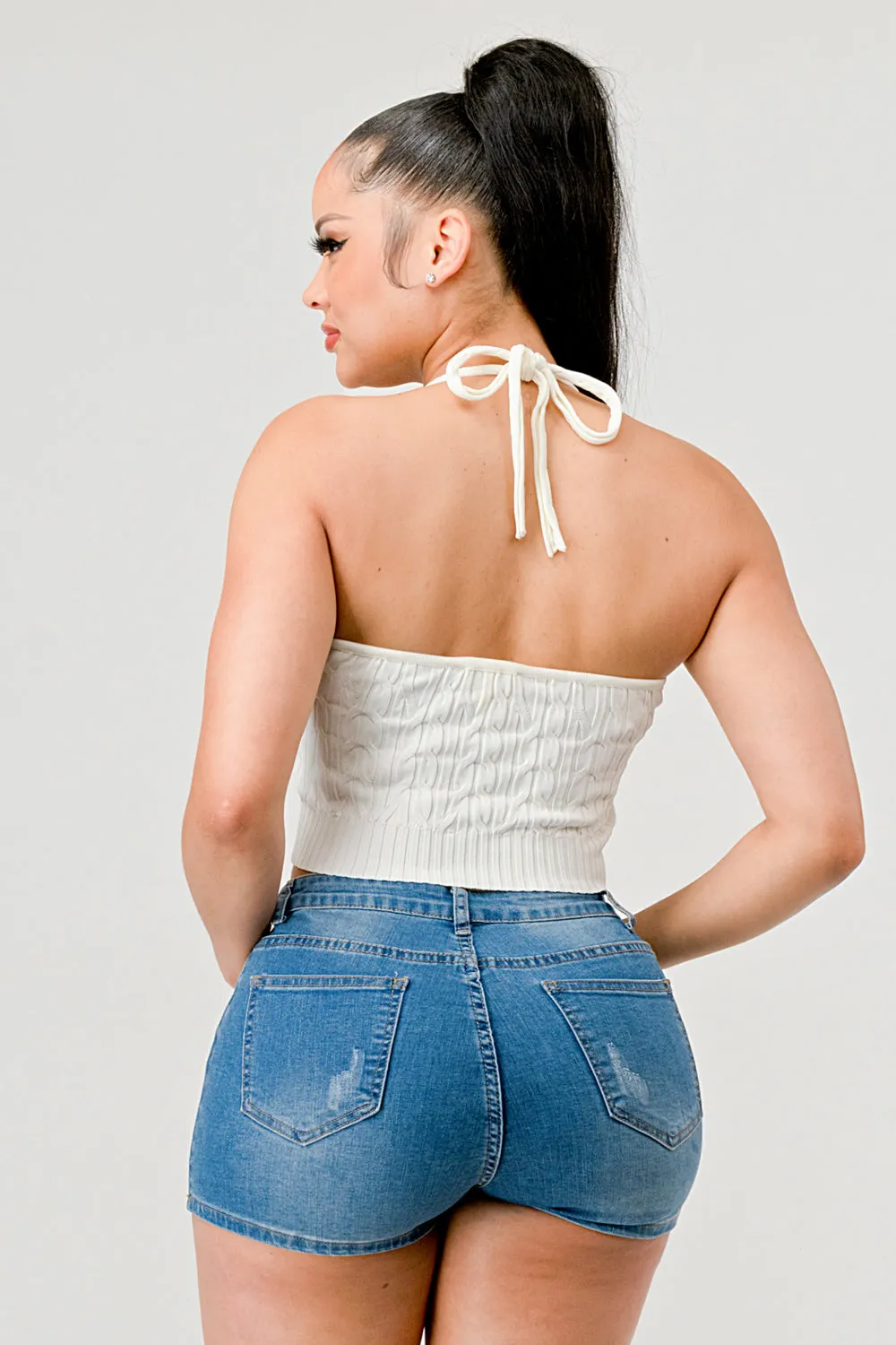 HALTER NECK KNIT SWEATER DRAWSTRING CROPPED TOP