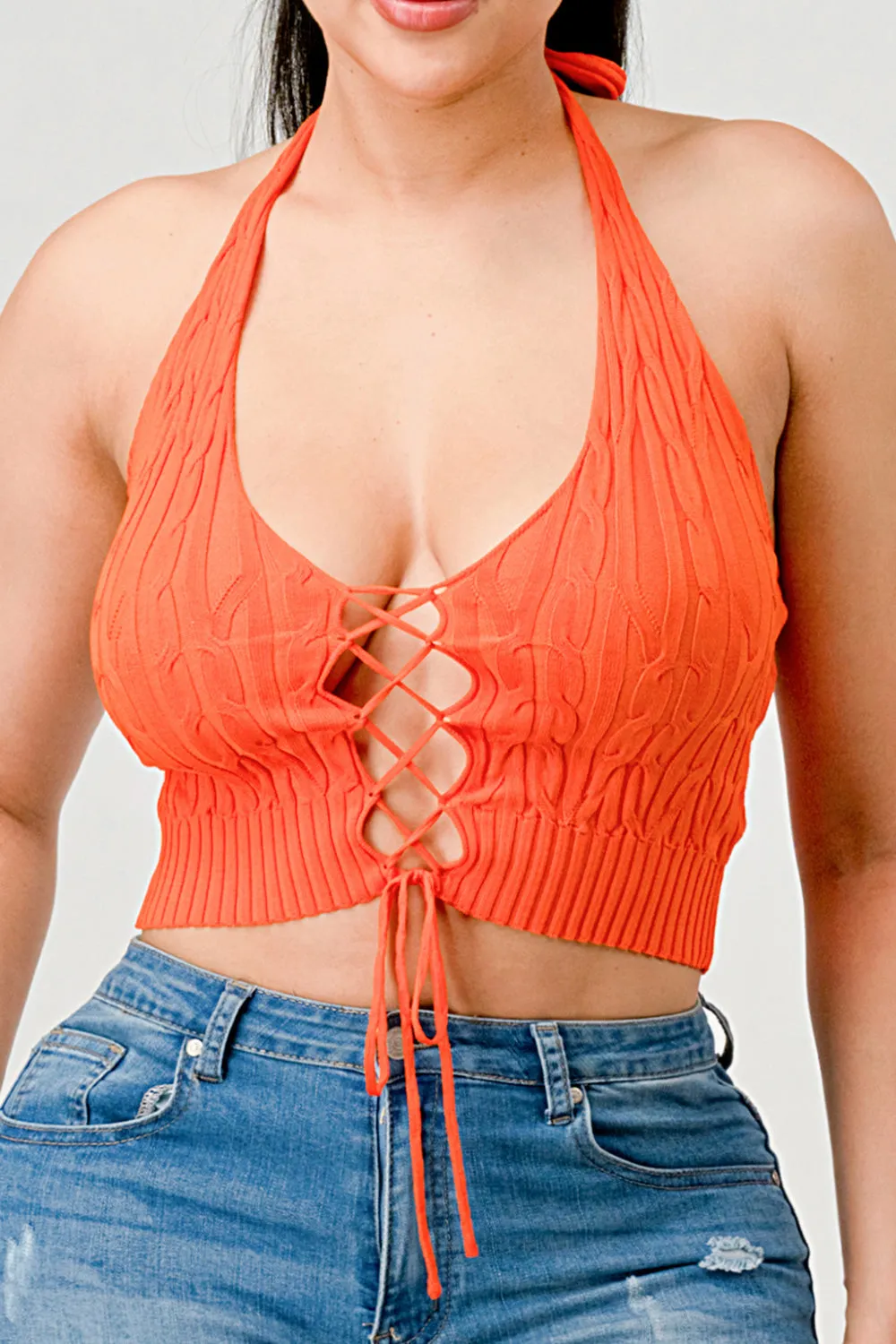 HALTER NECK KNIT SWEATER DRAWSTRING CROPPED TOP