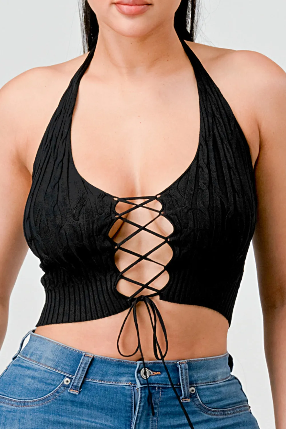 HALTER NECK KNIT SWEATER DRAWSTRING CROPPED TOP