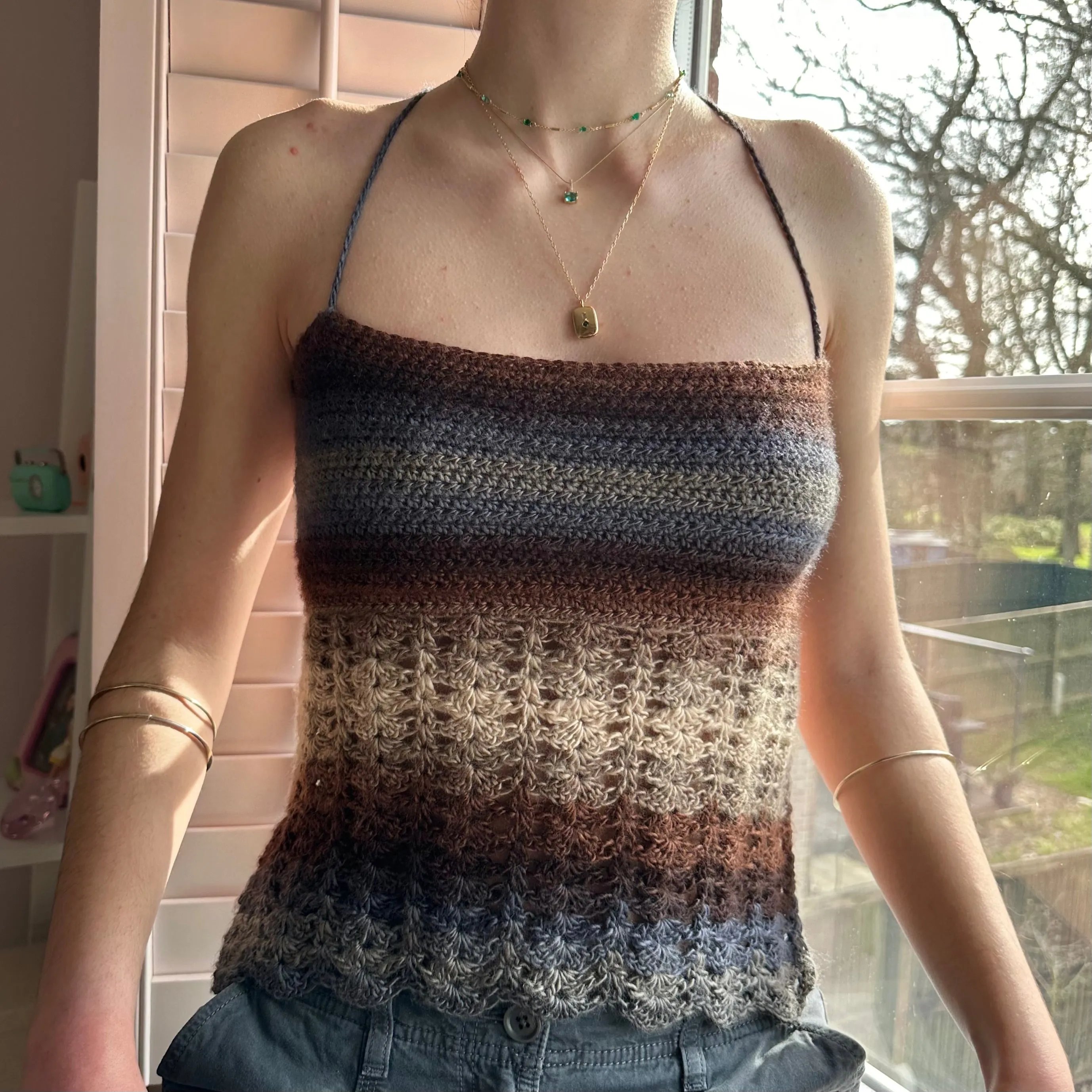 Handmade crochet lace cami top in Seashell colourway
