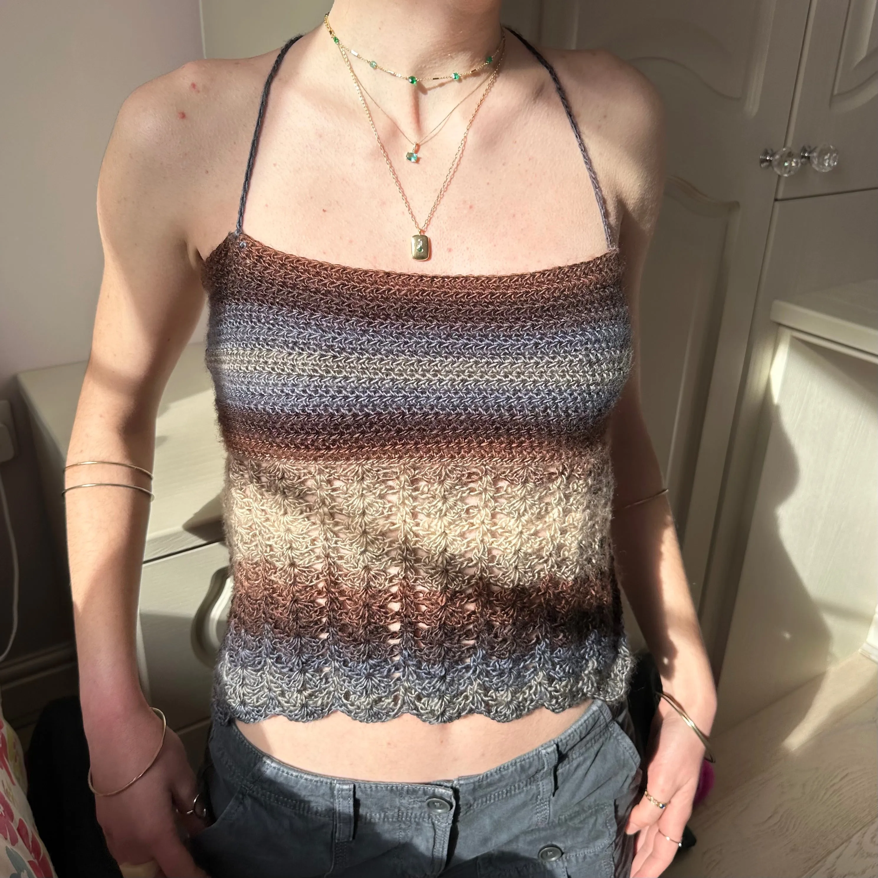 Handmade crochet lace cami top in Seashell colourway