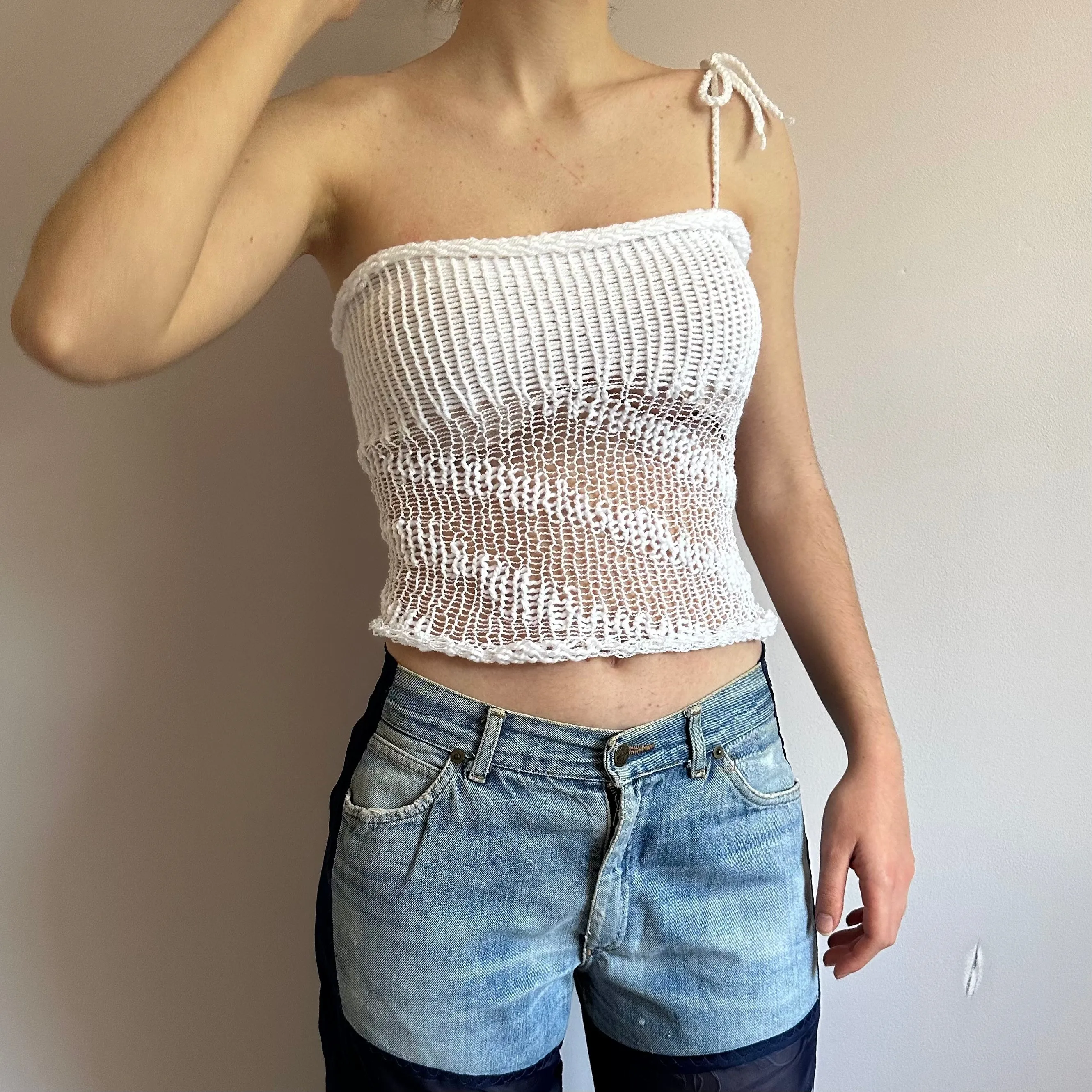 Handmade white lace knitted  asymmetrical top with bow strap