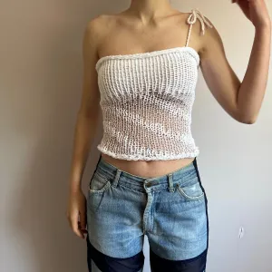 Handmade white lace knitted  asymmetrical top with bow strap