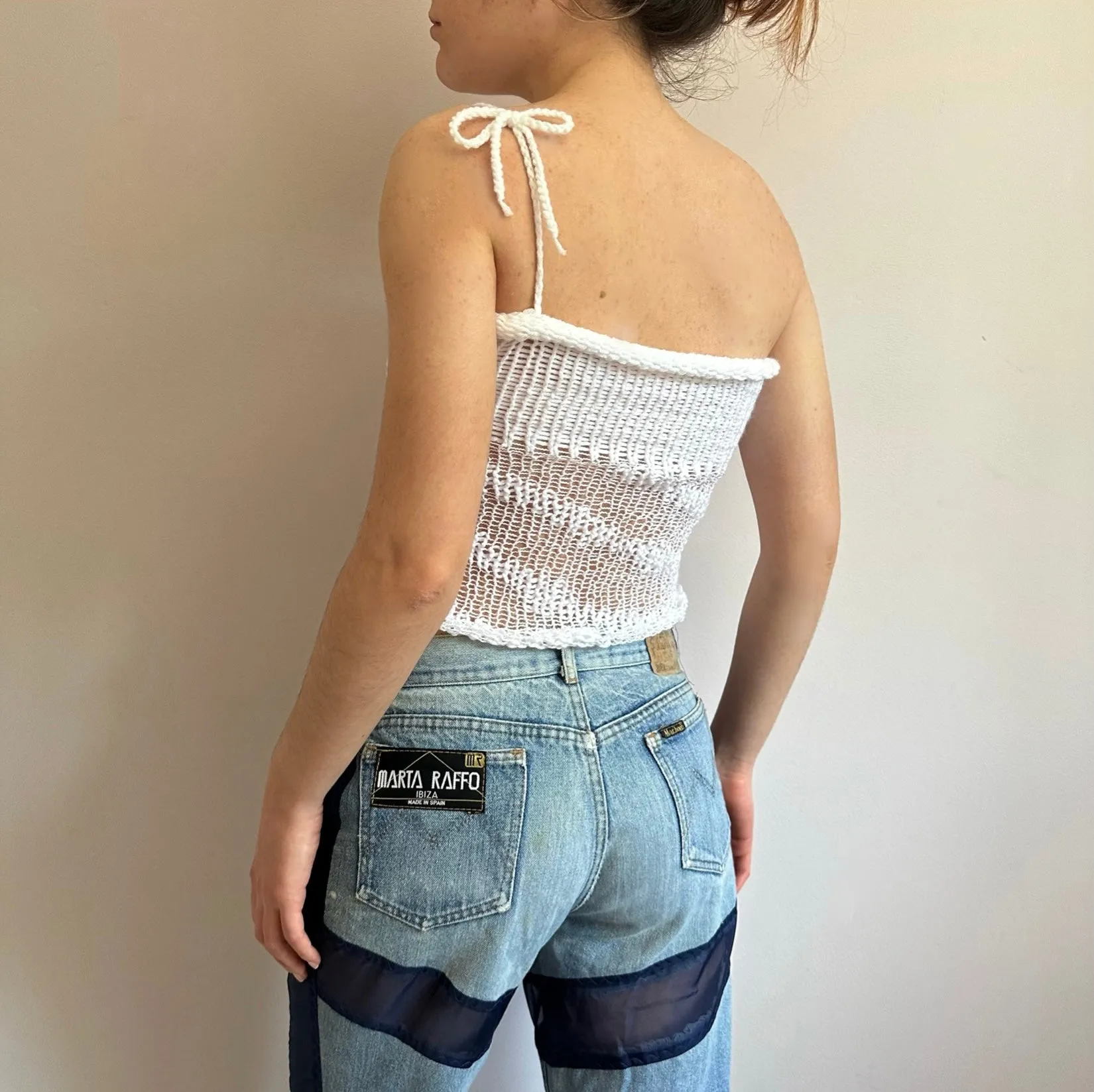 Handmade white lace knitted  asymmetrical top with bow strap
