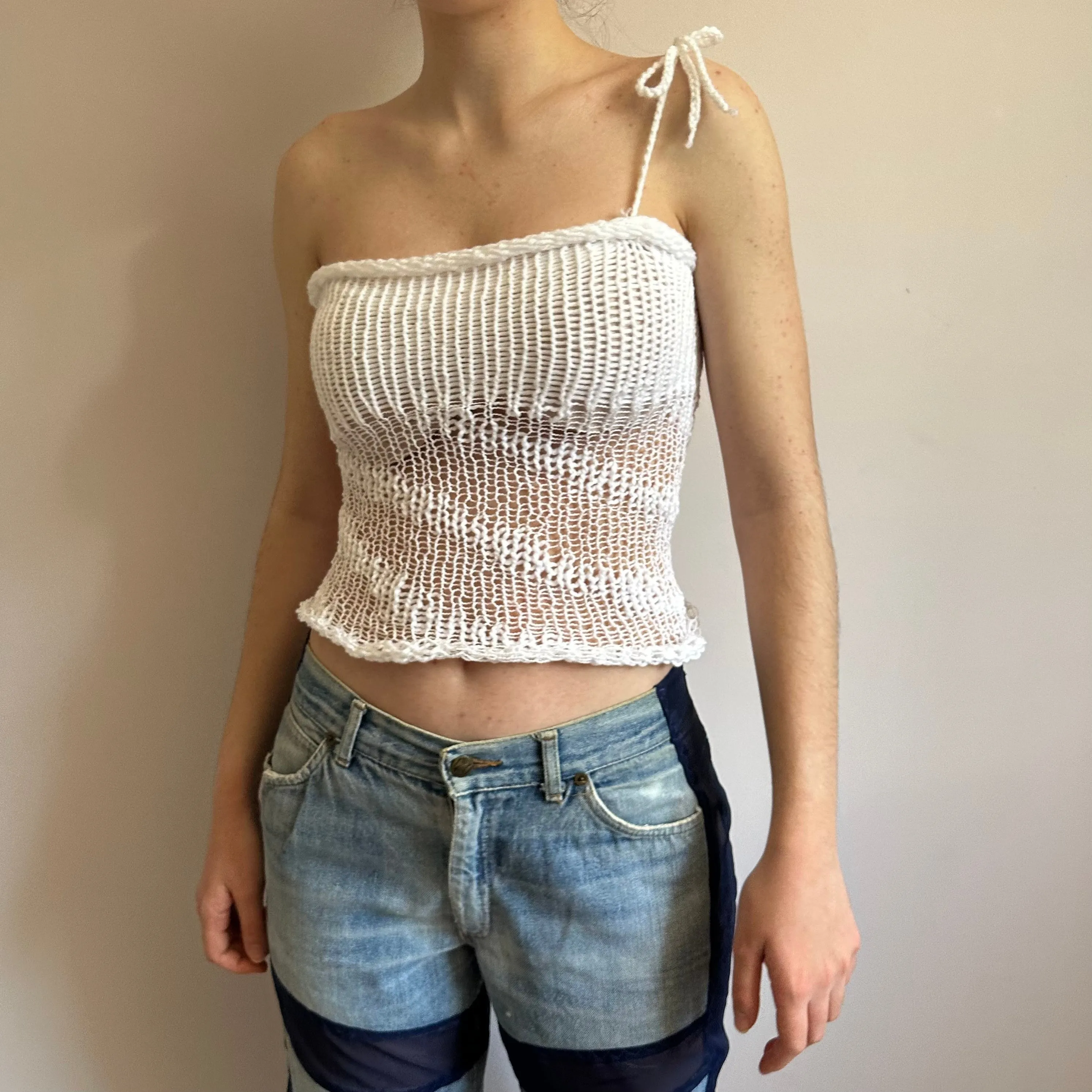 Handmade white lace knitted  asymmetrical top with bow strap